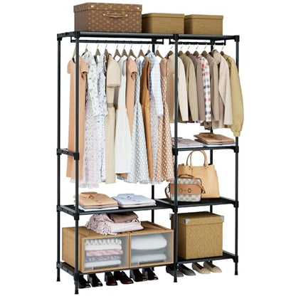 CASAMAYA Clothes Rack, Portable Closet, 44.9 Inch Large Capacity Wardrobe Closet, Clothes Storage Organizer with Shelves and 2 Hanging Rods, Easy to Assembly, Black PCT021B01 - size: 44.9"L x 16.9"W x 77.6"H