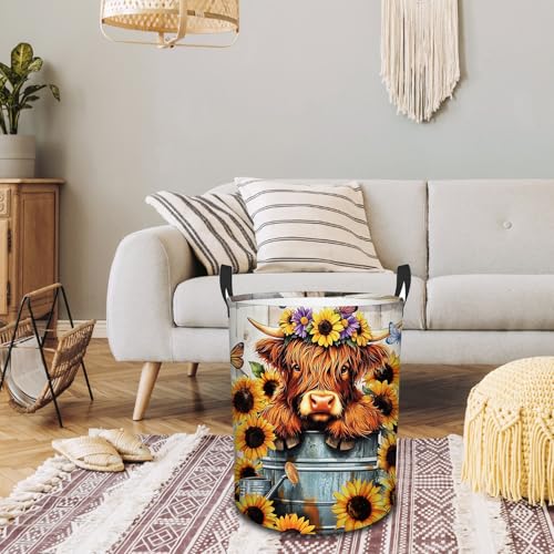 Highland Cow Laundry Basket-13.8x17.7in Sunflower Oxford Laundry Hamper - color: Sunflower Highland Cattle