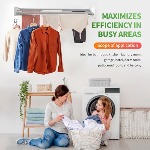 Heshecein Wall Mounted Drying Rack,Collapsible Drying Racks for Laundry,7 Stainless Steel Rods,Folding Indoor/Outdoor Drying Rack Clothing,Collapsible Laundry Drying Rack,47” Wide