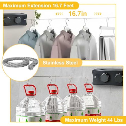 Longzhuo16.7 Ft Retractable Clothesline Indoor, 2 Wire Holds 88 lb(Single 44 lb) Wall Mounted Prevent Sagging Clothes Drying Line, for Balcony, Laundry Room, Yard, Dormitory (Black)