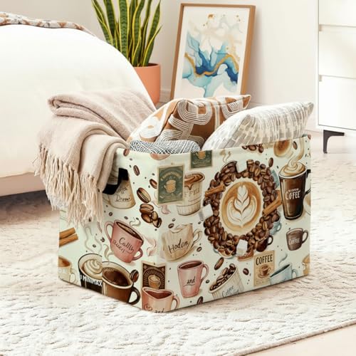 Coffee Theme Laundry Hamper with Handles,Large 56L Foldable Square Clothes Basket Multi‑Use Blanket Storage Bins for Organizing Books,Toys,Gifts,Room Decoration,Laundry Room,Dorm Nursery - color: Coffee Theme