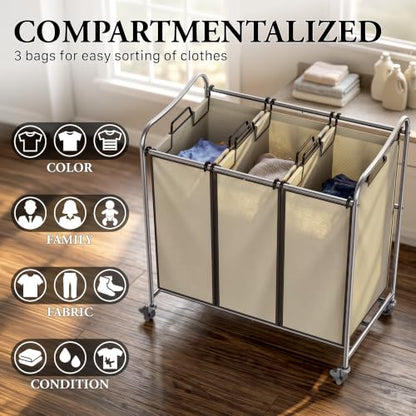 Simple Houseware Heavy Duty 3-Bag Laundry Sorter Rolling Cart, Chrome - color: Chrome