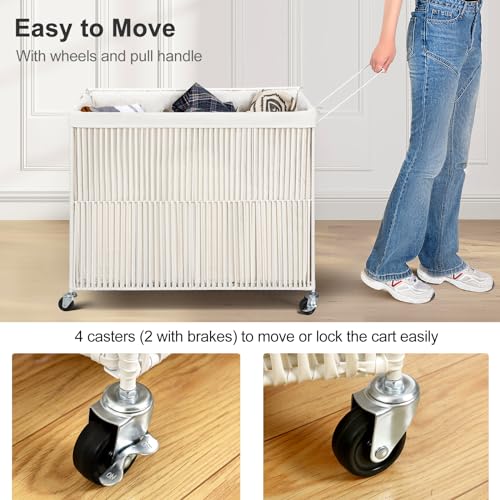 WOWLIVE Laundry Basket 3 Section, Handwoven Laundry Hamper with Wheels - color: Creamy White, size: 150l(28.4 X 13 X 26.4 Inches)