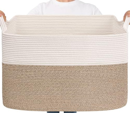 Goodpick 105L Extra Large Woven Rope Blanket Basket, White & Light Brown - color: White & Light Brown, size: XX-Large(25"L x 16"W x 16"H)