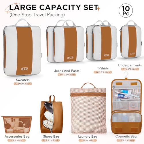 OlarHike 10 Set Compression Packing Cubes for Travel Essentials,Compressible Expandable Space Saver Bags for Organizing Clothes,Luggage Suitcase Garment Bags with Over 1000 pcs Mesh Holes(Brown) - color: Brown