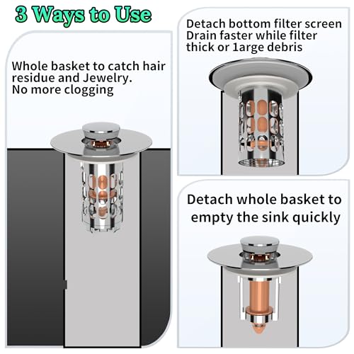 Sink Stopper Drain Hair Catcher,Bathroom Sink Drain Strainer with Removable Anti-Clogging Basket,Easy to Install Bathroom Sink Stopper Drain Catcher for 1.06-1.61in Basin Washstand Hole - color: Silver