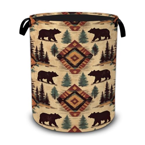 Vintage Tribal Bear Laundry Basket,Retro Tree Foldable Oxford Laundry Hamper with Handles,Portable Clothes Tote Bag Clothes Storage Bucket Organizer 20.8" x16" For Bathroom/Laundry Storage/Bedroom - color: Vintage Tribal Bear Retro Tree