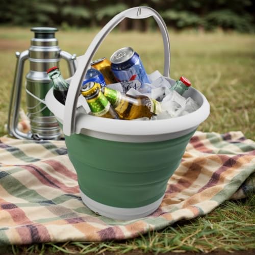 SAMMART 10L (2.64Gallon) Collapsible Fishing Bucket - Foldable Round Tub - Portable Plastic Water Pail - Space Saving Outdoor Waterpot - Trunk Organizer (1, Grey/Dark Sea Green) - color: Grey/Dark Sea Green