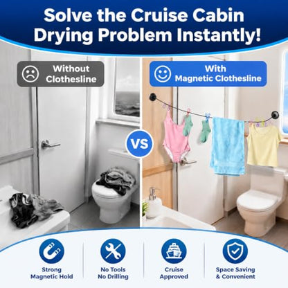 Magnetic Clothesline for Cruise Ship Cabin Approved, Strong Rubber Coated Non-Scratch Magnets, Travel Clothesline for Cruise Ship Essentials 2025