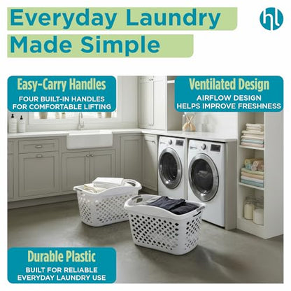 Home Logic 1.75 Bushel Plastic Laundry Basket with Hip Grip, Large Laundry Hamper with Handles, Ventilated Clothes Organizer for Bedroom Bathroom Closet, 2 Pack, White - size: 1.75 Bushel