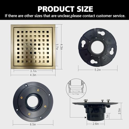 4 Inch Square Shower Drain with Flange, Removeable Grate SUS 304 Stainless Steel Shower Drain with Hair Catcher (Brushed Gold, 4 Inch) - color: Brushed Gold, size: 4 Inch
