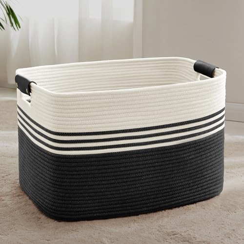 86L Large Woven Laundry Basket Hamper with Leather Handles,Black - color: Black, size: 86L