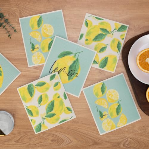 Swedish Dishcloths for Kitchen, 6 Pack Lemon Swedish Dish Towels with Clips, Reusable Paper Towels Washable Non-Scratch Super Absorbent Cellulose Sponge Cloths, Biodegradable No Odor - color: Lemon
