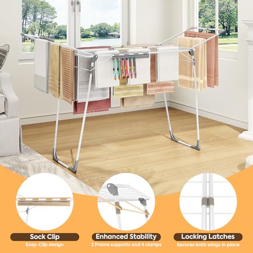 KINGBOARD Clothes Drying Rack, Gullwing Drying Rack with Sock Clips, White