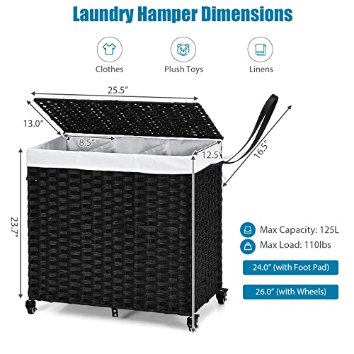 GOFLAME Laundry Hamper with Lid and Wheels, 125L Hand Woven Rattan Laundry Basket with 3 Divided Sections, Handles, 2 Removable and Washable Liner Bags, Dirty Clothes Hamper for Bedroom (Black)
