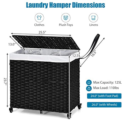GOFLAME Laundry Hamper with Lid and Wheels, 125L Hand Woven Rattan Laundry Basket with 3 Divided Sections, Handles, 2 Removable and Washable Liner Bags, Dirty Clothes Hamper for Bedroom (Black)