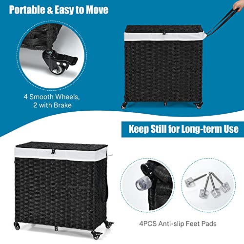 GOFLAME Laundry Hamper with Lid and Wheels, 125L Hand Woven Rattan Laundry Basket with 3 Divided Sections, Handles, 2 Removable and Washable Liner Bags, Dirty Clothes Hamper for Bedroom (Black)