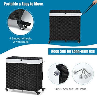 GOFLAME Laundry Hamper with Lid and Wheels, 125L Hand Woven Rattan Laundry Basket with 3 Divided Sections, Handles, 2 Removable and Washable Liner Bags, Dirty Clothes Hamper for Bedroom (Black)