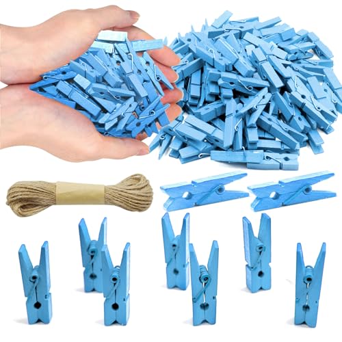 1.35 Inch Mini Clothes Pins for Photo100 Pcs with 32 Feet Jute Twine, Mini Clothes Pins for Crafts, Wooden Small Clothespins for Pictures, Tiny Decorative Clothespins for Baby Shower (Blue) - color: Blue 100 Pcs