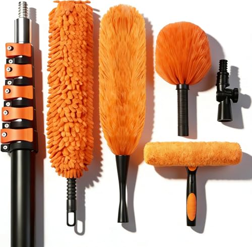 18FT High Reach Duster Kit with 3-12FT Flip-Lock & Screw Dual Locking Extension Pole, Cobweb Duster, Washable Ceiling Fan Cleaner & Window Squeegee for Glass & High Roof - size: 3-12FT