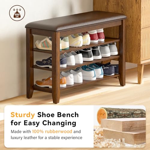 Taitiy Shoe Bench with 3 Tier Adjustable Shelves Rubberwood Entryway 47.2'' - color: Walnut, size: 47.2''