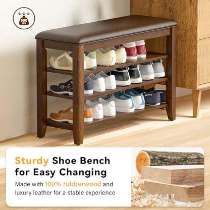 Taitiy Shoe Bench with 3 Tier Adjustable Shelves Rubberwood Entryway 47.2'' - color: Walnut, size: 47.2''