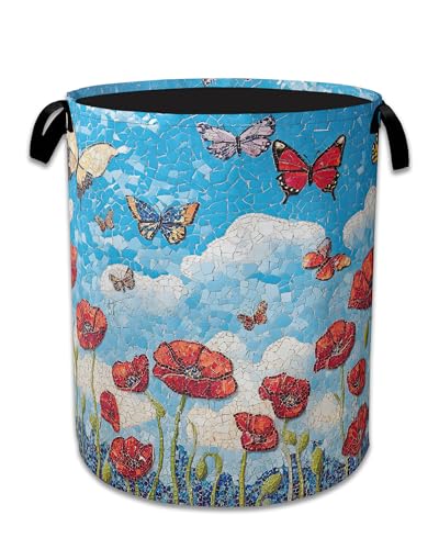 Vintage Poppy Flowers Laundry Basket,Foldable Waterproof Oxford Cloth Tote Bag Butterfly Laundry Hamper with Handles,20.8"x16" Clothes Storage Bucket Organizer for Laundry Room, Bathroom, Bedroom - color: Vintage Poppy Flowers Butterfly
