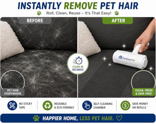Self-Cleaning Pet Hair Remover Roller for Dog & Cat Hair, Reusable Lint Roller for Furniture, Couch, Carpet, Bedding & Car Seats, No Sticky Tape or Refills