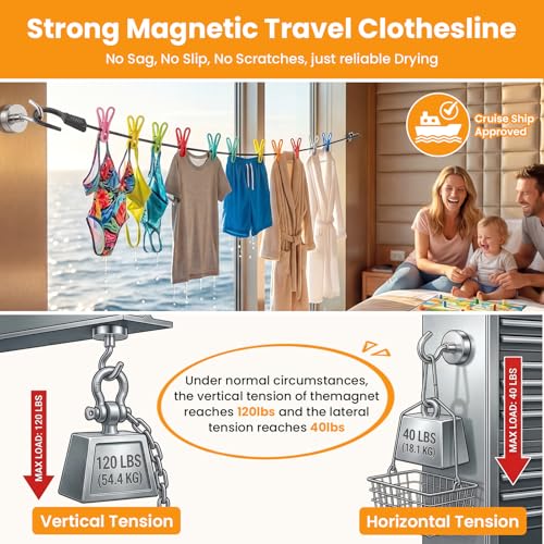 No-Sag Cruise Clothesline,Cruise Essential 2026,6PCS Magnetic Hooks 32/20mm