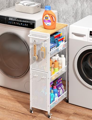 Utility Slim Storage Cart 4 Tier Rolling Laundry Room Organization Cart： - color: White, size: 9.1 inch wide