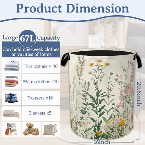 Wildflowers Laundry Hamper With Handle,Foldable Oxford Cloth Vintage Herb Flower Botanical Laundry Basket,20.8"x16" Clothes Storage Basket for Laundry Room/Bedroom/Bathroom - color: Wildflowers Vintage Herb Flower Botanical