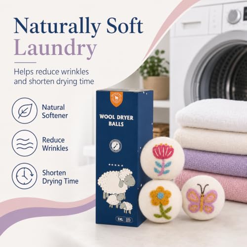 Wool Dryer Balls Handmade 3 Pack XL,Laundry Dryer Balls,100% New Zealand Wool Fabric Softener,Reusable 1000 Loads,Wrinkles Free, Shorten Drying Time,Baby Safe (3 Pack XL,Garden Friends) - color: Garden Friends