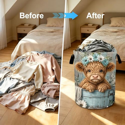 Highland Cow Laundry Basket Collapsible Oxford Laundry Hamper Clothes Storage Bin with Handles for Bedroom Bathroom Laundry Room 19.6 x 15.7 Inches - color: Highland Cow