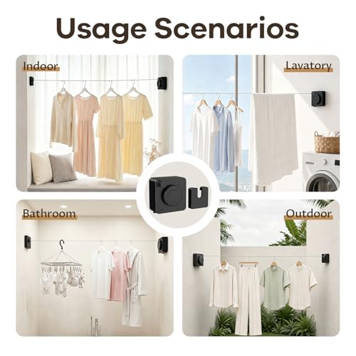 Retractable Clothesline Indoor & Outdoor, Non-Sagging Heavy Duty Retracting Laundry Drying Line, Wall Mounted Stainless Steel Clothes Line - 13.78 Ft (Black) - color: Black