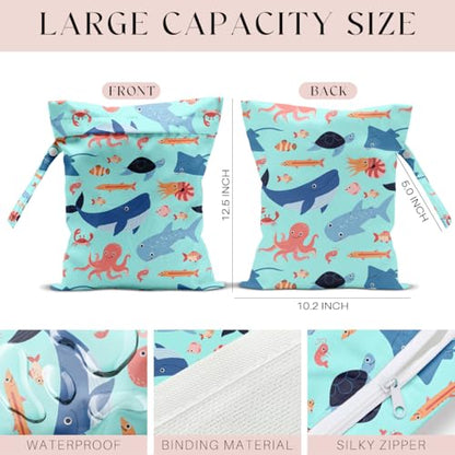 Wet Bag for Swimsuit, Beach Travel EssentialsMarine Animals Pattern Wet Dry Bag, for Sunscreen Toiletry Dirty Clothes Yoga Gym Diaper, Friends Summer Beach Vacation Essentials Gifts - color: Marine Animals