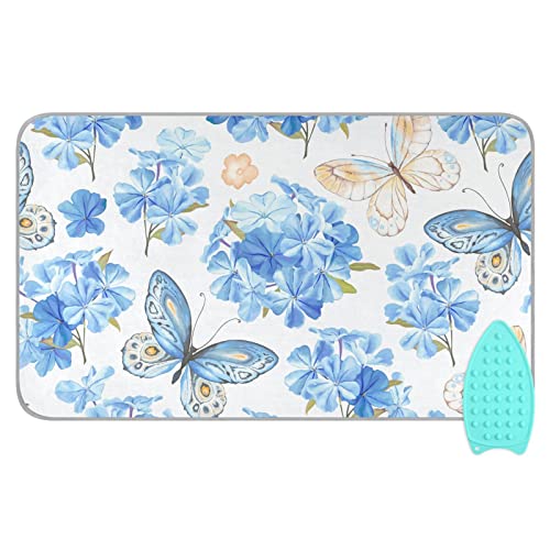 Blue Floral Butterfly Ironing Mat Portable Ironing Pad Blanket with Silicone Iron Rest for Table Top Travel Heat Resistant Double-Side Using Large 47x28 Inch Foldable - color: Blue Floral Butterfly