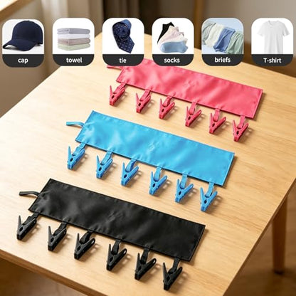 Mini Clothespins Travel Hangers 3-Pack: Foldable Portable Clothes Hangers w/ 6 Clips for Swimsuit, Towel & Sock Drying Rack - Cruise, Dorms, Travel (Black, Blue, Red) - color: Black, Blue, Red
