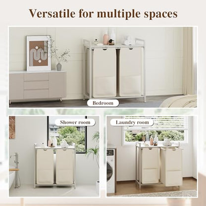 2-Section Laundry Hamper with Shelf, Pull-Out Removable 12.8 gal(48L) Bags, Metal Frame Laundry Sorter 2 Compartments, White