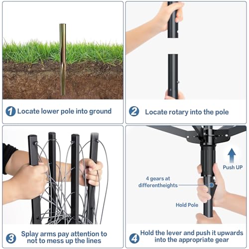 A-xctoe Rotary Outdoor Umbrella Drying Rack Adjustable Height Clothesline w/Waterproof Protective Cover Folding Rotary Dryer with 4-Aluminum Arms and Steel Post | 12-Lines with 165 ft Clothesline