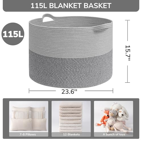INDRESSME 115L Extra Large Woven Rope Blanket Basket Living Room, Grey - color: Light & Dark Grey, size: 23.6"D x 15.7"H