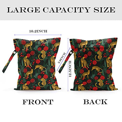 Wet Dry Bag, Wet Bag for Swimsuit, Travel, Beach, Pool, Diapers, Dirty Gym Clothes, Makeup Bag, Camping Accessories, Waterproof Reusable Jungle Tropical Leaves Cheetah Print - color: Panther and Red Flower