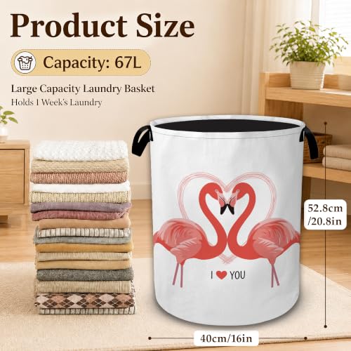 Pink Flamingo Heart Large Clothes Hamper, Portable Collapsible Laundry Basket with Handles, Freestanding Storage Bin for Bedroom Bathroom Dorm Laundry Room - color: Pink Flamingo Heart