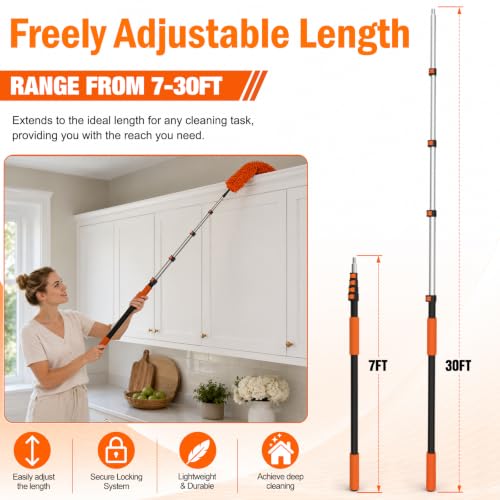 LAANPOLE 36FT High Reach Duster Cleaning Kit with Extension Pole, High Ceiling Fan Cleaner Duster Tool for Fan Blades, Window Washing Kit with Microfiber Feather Duster & Window Squeegee - size: 30FT