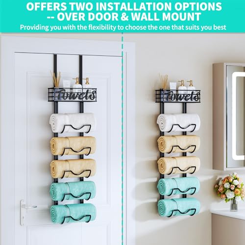 HapiRm Over The Door Towel Rack - 6 Tier Wall Mount Rolled Towel Holder Storage Organizer Shelf with Storage Basket for Small Bathroom, Rv, Camper - Black - size: 6-Tier Wall Mounted
