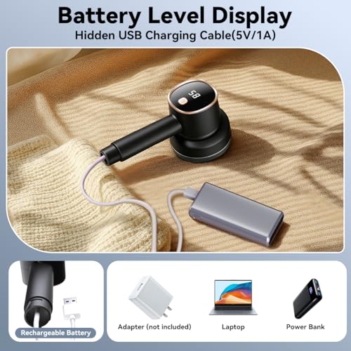 Rechargeable Fabric Shaver, 6-Leaf Blades, LED Display, 3 Speeds - color: Black
