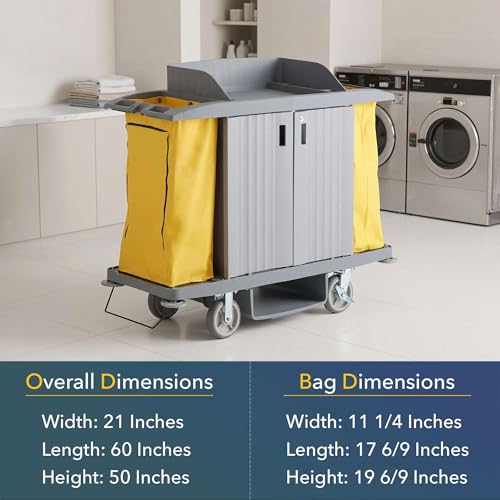 60” x 21” x 50” Large Locking 3-Shelf Multifunctional Housekeeping Cart - Commercial Hotel Cart with 2 Zippered Vinyl Bags, 8 Top Compartments, Underdeck Shelf, Fender Wheels, Locking Casters - 220 lb - size: Large (3 Shelf)