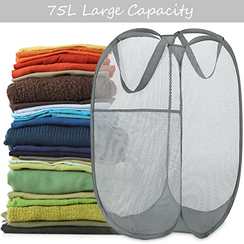 Deluxe Strong Mesh Pop up Laundry Hamper Basket with Side Pocket for Laundry Room, Bathroom, Kids Room, College Dorm or Travel Grey - color: Grey