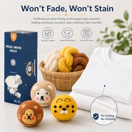 Wool Dryer Balls Handmade 3 Pack XL, Laundry Dryer Balls,100% New Zealand Wool Natural Fabric Softener,Reusable 1000 Loads,Wrinkles Free, Shorten Drying Time,Baby Safe (3 Pack XL,Zoo Friends) - color: Zoo Friends