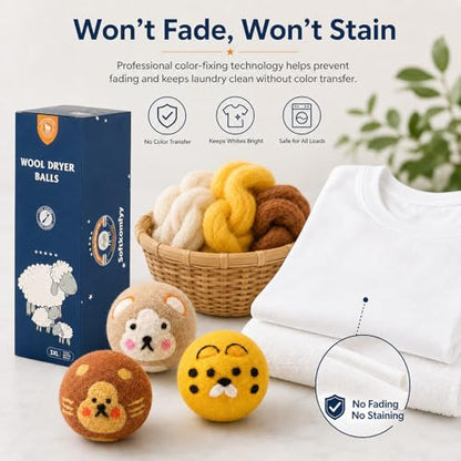 Wool Dryer Balls Handmade 3 Pack XL, Laundry Dryer Balls,100% New Zealand Wool Natural Fabric Softener,Reusable 1000 Loads,Wrinkles Free, Shorten Drying Time,Baby Safe (3 Pack XL,Zoo Friends) - color: Zoo Friends