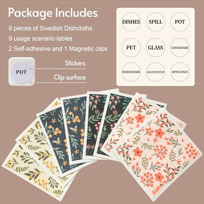 Eulnars Reusable Paper Towels, Swedish Dishcloths for Kitchen 8-Pack, Non-Scratch Swedish Dish Towels, Super Absorbent Cellulose Dish Cloths, Eco Friendly Gifts - color: Flowers and Plants